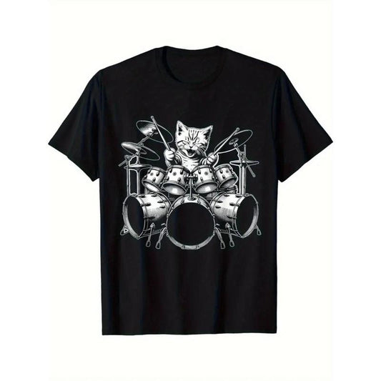 Cat Rock Band Fun Cat Drummer Cat Drum T-shirt  made in usa