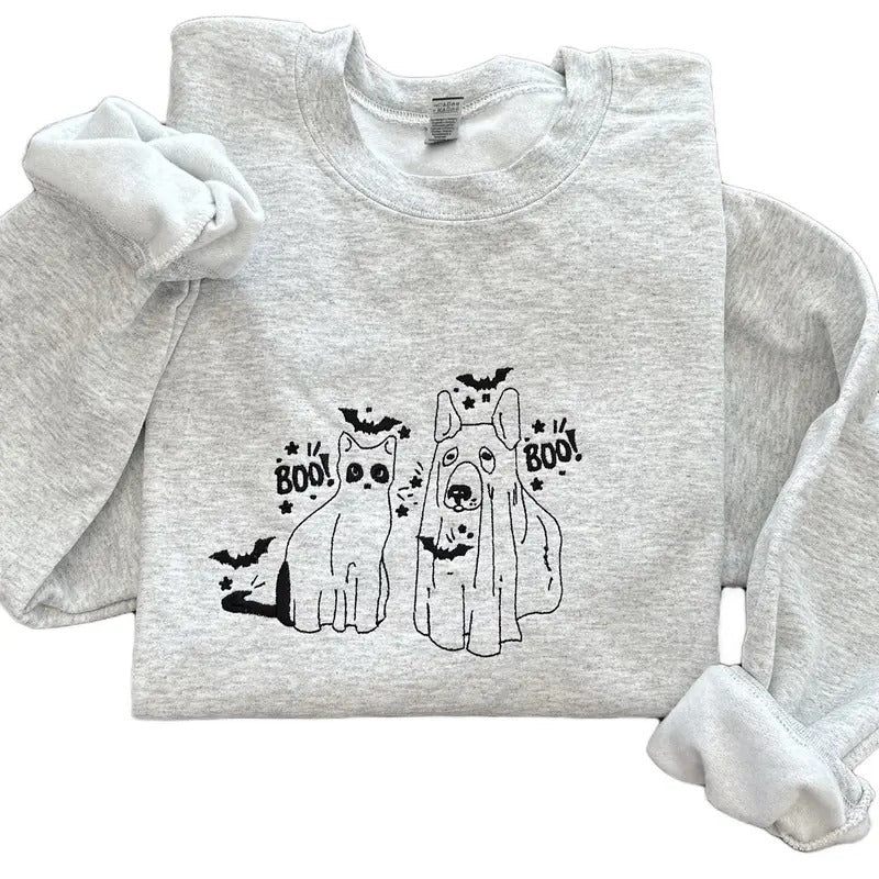 Cat and Dog Ghost Halloween Embroidered Crewneck Sweatshirt Comfort