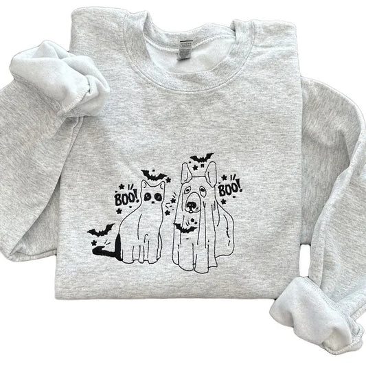 Cat and Dog Ghost Halloween Embroidered Crewneck Sweatshirt Comfort