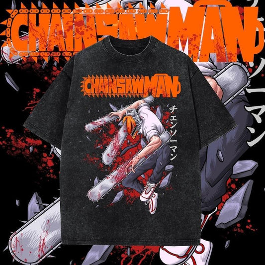 Chainsaw Man One-Sided Design Heavy Oversized Dyenomite Mineral Wash Unisex Anime T-Shirt Streetwear & Gym Style Cotton Menswear