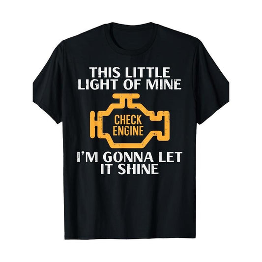 Check engine light shining fun car mechanic garage men's T-shirt Made in USA