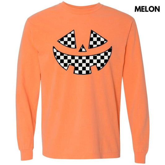Checker Jack O Lantern Face Long Sleeve Comfort Colors T-Shirt 'NLB'