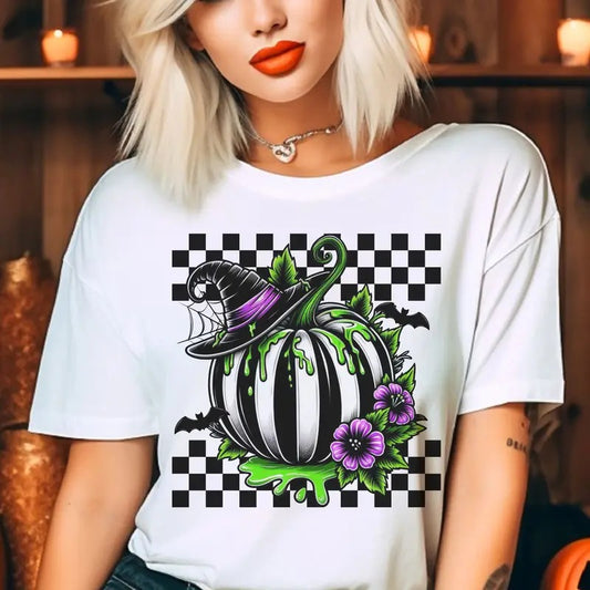 Checkerboard Black Stripe Pumpkin tee Halloween Black and White Pumpkin Tshirt Retro Checkerboard Halloween T-Shirt Womens Halloween Top