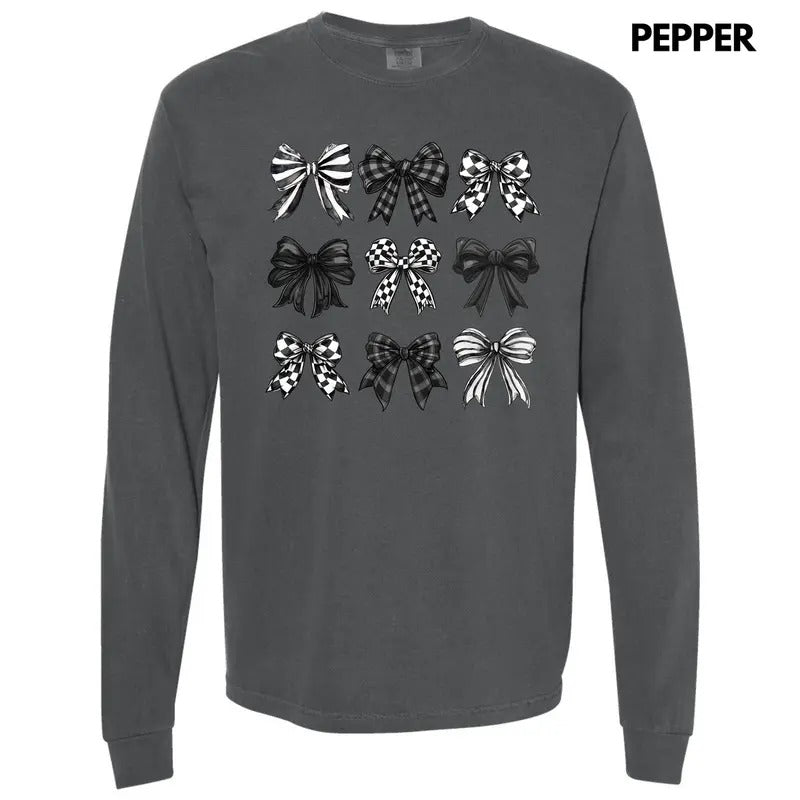 Checkered Black Bow Collage Long Sleeve Comfort Colors T-Shirt 'NLB'