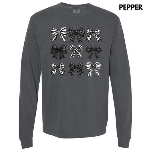 Checkered Black Bow Collage Long Sleeve Comfort Colors T-Shirt 'NLB'