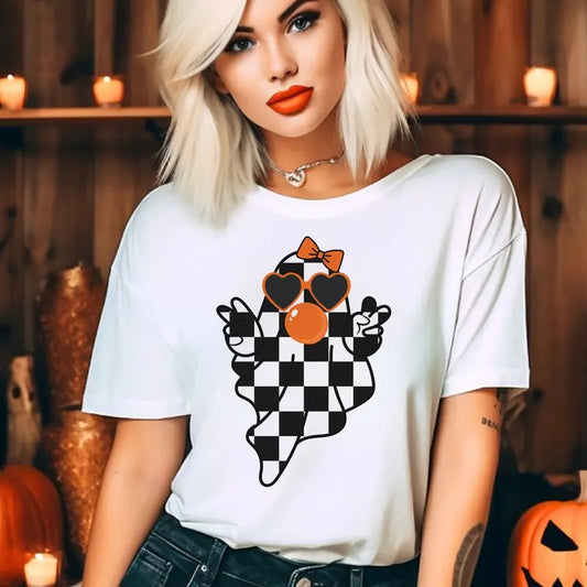 Checkered Ghost Tee Family Ghost Tshirt Halloween Boy Ghost Top Halloween Girl Ghost T-Shirt Unisex Halloween Tees Family Checkered Ghost Family Top