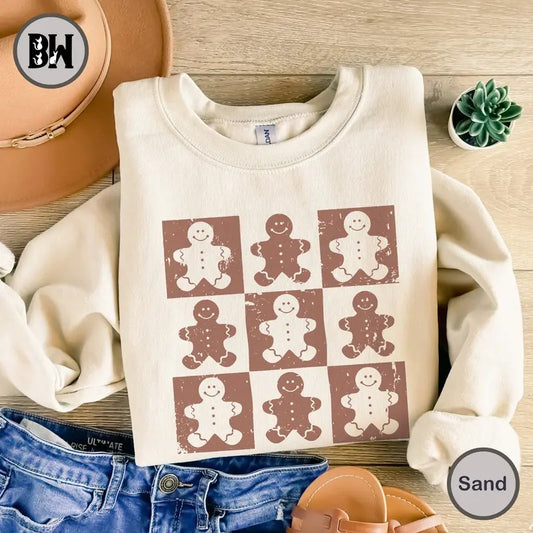 Checkered Gingerbread Man Sweatshirt, Distressed Christmas Shirt, Christmas Shirt, Cute Checkered Xmas Shirt, Christmas Holiday Shirt