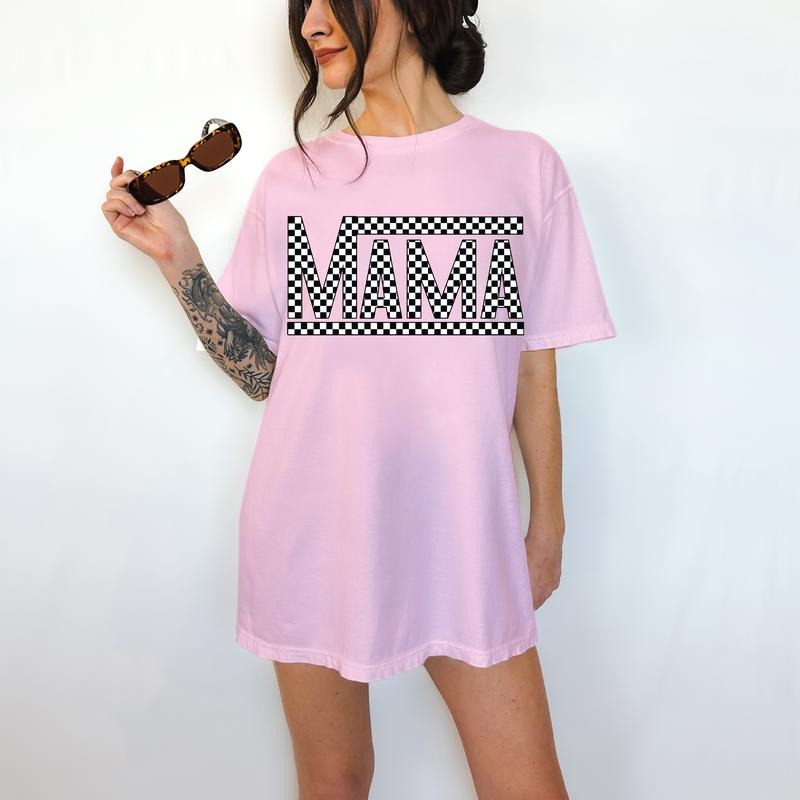Checkered Mama Letteing - T-Shirt, Mother's Day, Mama Tee, Bright Graphic, Funny Apparel, Gift Idea, Relaxed Fit, Casual Apparel, Cute Top, Great with Jeans, All Seasons, Fun Style, Comfortable Shirt