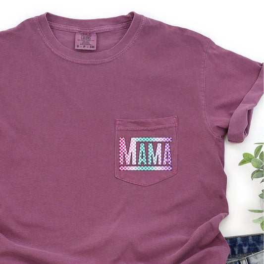 Checkered Mama, Colorful, Retro, Pocket Tee, Women's Comfort Colors Tee