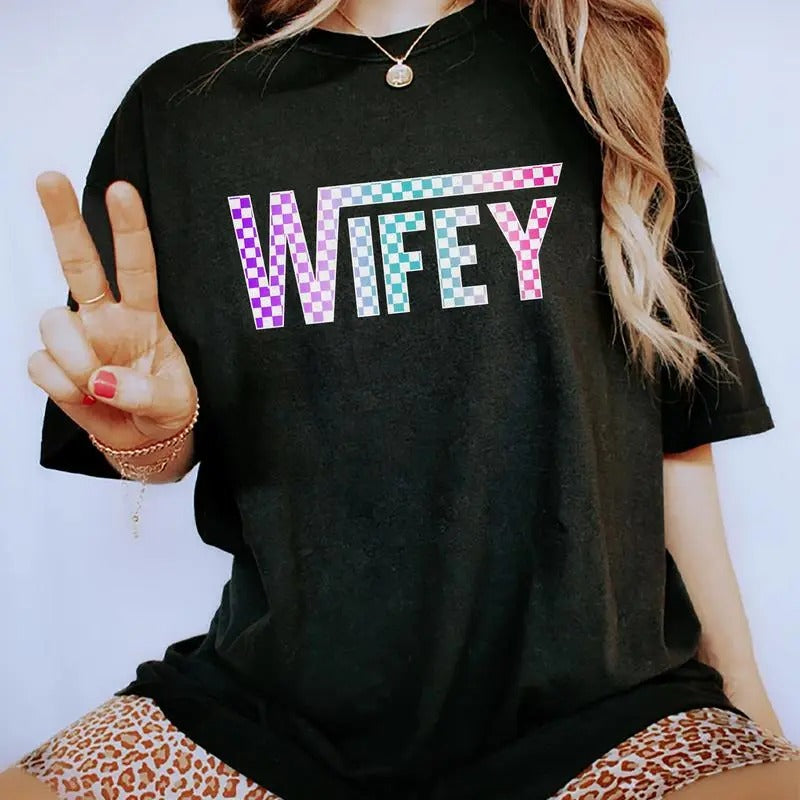 Checkered Wifey Tee, Newlywed Graphic Tee Women, Wedding Gift Shirt, Bridal Shower Gift Tee, Bride Bachelorette Party Outfits, Gift For Wife, Women's Top, Womenswear, Cotton Fabric Relaxed Fit Chic Style