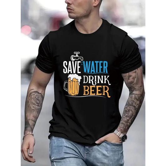 Cherish water and drink more beer. Men's creative printed casual novelty T-shirt, summer spring short sleeve top, comfortable fit, fashionable street style round neck T-shirt, suitable for everyday wear Made in USA