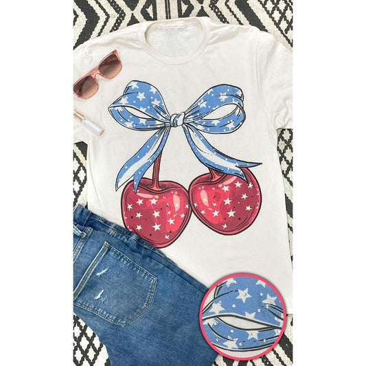 Cherry Bow Americana Rhinestone Graphic T-Shirt Natural