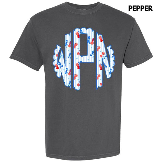 Cherry Stripe Monogram Comfort Colors T-Shirt 'NLB'