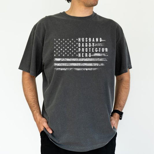 ChicCotton Vintage Husband Daddy Protector Hero Comfort Colors Graphic Tee, Retro American Flag T-shirt For Men, American Pride Shirt, Gift For Dad