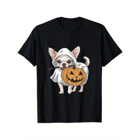 Chihuahua Ghost Dog Pumpkin T-Shirt, Unisex Cotton Crew Neck, All-Season Knit Fabric with Slight Stretch, Regular Fit, Casual Style, Applique Detail, Ideal Thanksgiving & Christmas Gift for Adults Made in USA