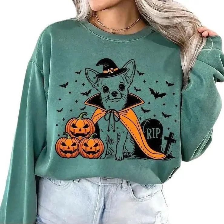 Chihuahua Halloween Sweatshirt, Spooky Chihuahua Witch, Pumpkin Chihuahua Dog Sweater, Funny Halloween Dog Lover Gifts, Fall Chihuahua