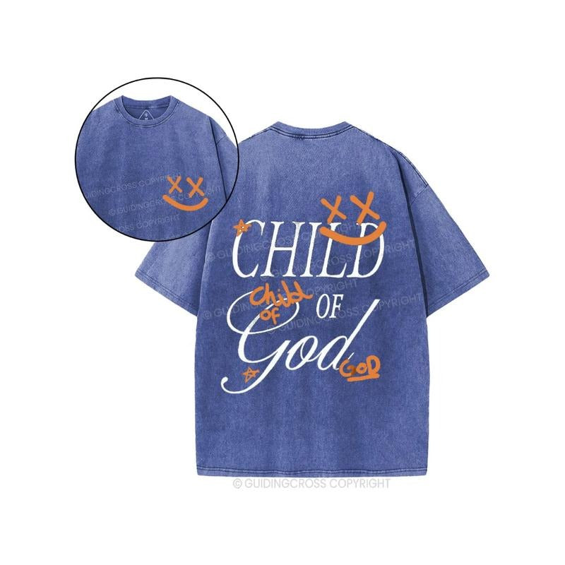 Child Of God Smileface Christian 2 Sided Comfy Printed Tee Pure Cotton Fabric Casual Streetstyle Crew Neck Short Sleeve Soft-Washed T-Shirt Trendy Tops for Women for Men, Perfect Gift