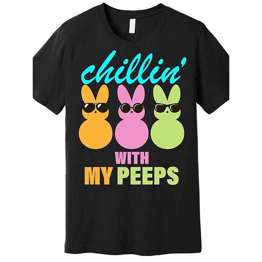 Chillin' with My Peeps" Men's Cotton T-Shirt - Casual Crew Neck, Short Sleeve, Fun Bunny Print, Black made in usa