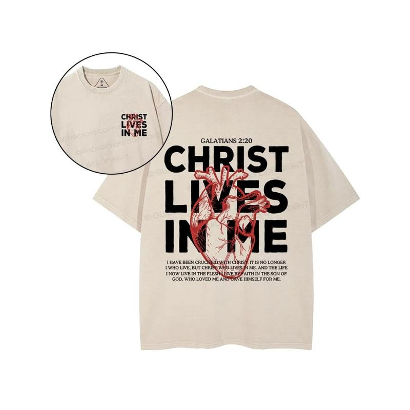 Christ Lives In Me Christian Washed 2 Sided T-Shirt Pure Cotton Fabric Casual Streetstyle Crew Neck Short Sleeve Soft-Washed T-Shirt Trendy Tops for Women for Men, Perfect Gift