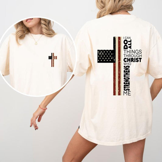 Christian American Flag Cross Graphic Tees, Patriotic Faith Shirt, Religious USA Flag T-Shirt, Christian Apparel for Men & Women, Trendy Shirt