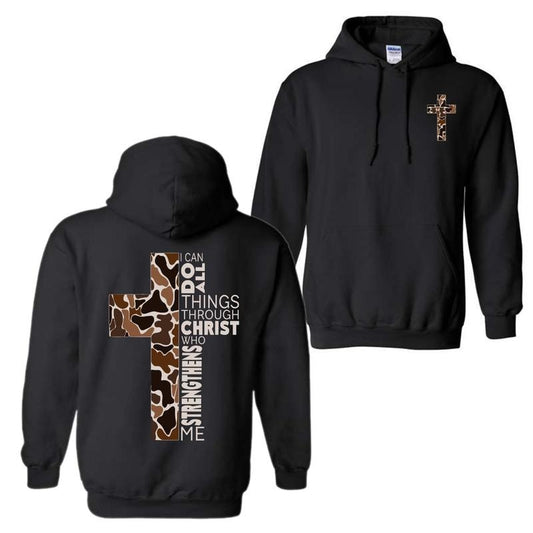 Christian Hoodie Sweatshirt T-Shirt- Camo Cross Design with Philippians 4:13 Verse, Perfect for Faithful Believers and Outdoorsmen, Unisex Hoodie