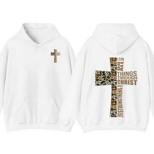 Christian T-Shirt Hoodie Camo Cross Design with Philippians 413 Verse, Hunting Shirt, Camo Sweatshirt, Outdoors Cozy Hoodie for Everyday, Valentine Gift