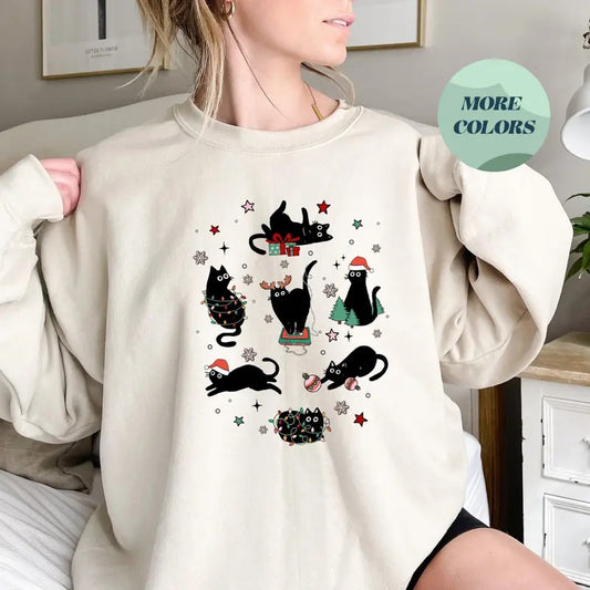 Christmas Black Cat Sweatshirt, Cute Kitten Christmas Shirt, Perfect Gift for Cat Lovers, Cozy Cat Mom Holiday Apparel, Xmas Sweatshirt - Trending Womenswear christmas cat