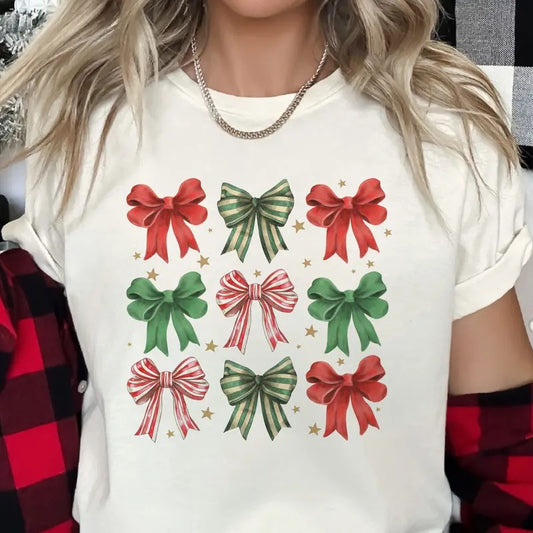 Christmas Bow Collage Tee Coquette Christmas Collage Tshirt Holiday Coquette T-Shirt Red and Green Bow Collage Casual Womens Christmas Top Coquette Holiday Tee