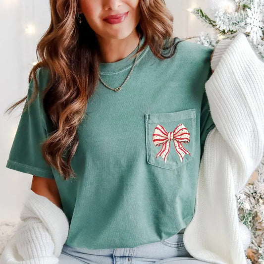 Christmas Cake, Ribbon, Bow, Pocket Tee, Women's Comfort Colors Tee