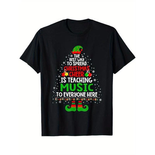Christmas Cheer Is Teaching Music Santa Elf Teacher Group T-Shirt, 100% Cotton, Gifts for Men Dad Husband Grandpa, S-XXXL, Black made in usa