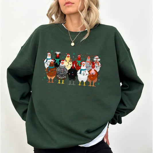 Christmas Chickens Sweatshirt, Christmas Farm Animals Crewneck, Chicken Lovers Long Sleeves Pullover, Funny Christmas Animals Sweater, Holiday Outfits