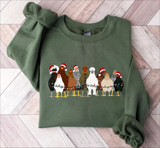 Christmas Chickens Sweatshirt, Cute Chicken Farm Animals Holiday Shirt, Trendy Santa Hat Animal Farmer Heiffer Bull Gift Holidays Crewneck