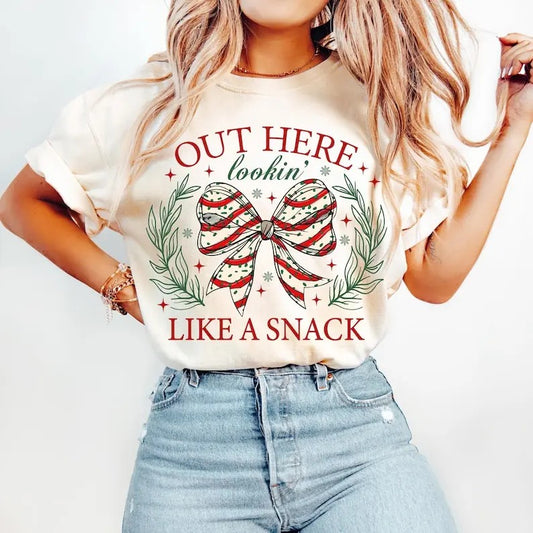 Christmas Coquette Bow Shirt, Out Here Lookin Like a Snack Sweatshirt, Christmas Cake , Holiday vibes, Retro Christmas