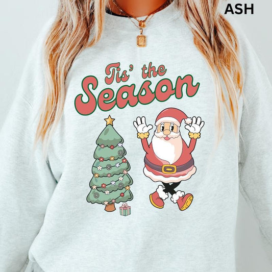 Christmas Crewneck,Tis the Season Christmas Tree & Santa Crewneck, Oversized Christmas Unisex Cotton Sweatshirt, Christmas Gift For Her, Comfortable Graphic Christmas Sweatshirt