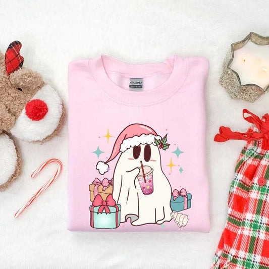 Christmas Cute Ghost Sweatshirt, Funny Holiday Sweatshirt, Pink Christmas Sweatshirt, Christmas Coffee Shirt, Christmas Gifted Sweatshirt