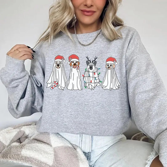 Christmas Ghost Dog Crewneck Sweatshirt, Festive Sweater, Holiday Shirt, Dog Reindeer Shirt, Oversized Hoodie