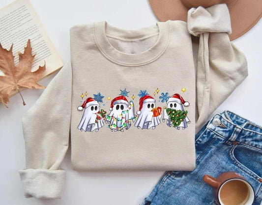 Christmas Ghost Sweatshirt, Ghost Christmas Shirt, Ghost Light Sweatshirt, Festive Green Holiday Shirt - Santa Hat and Lights Design Hoodie, Ghost Santa Sweatshirt, Christmas Ghost Gift