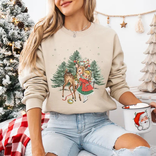 Christmas Girl and Reindeer Shirt, Christmas Sweatshirt, Christmas Tree Sweatshirt, Xmas Party Outfit, Holiday Crewneck