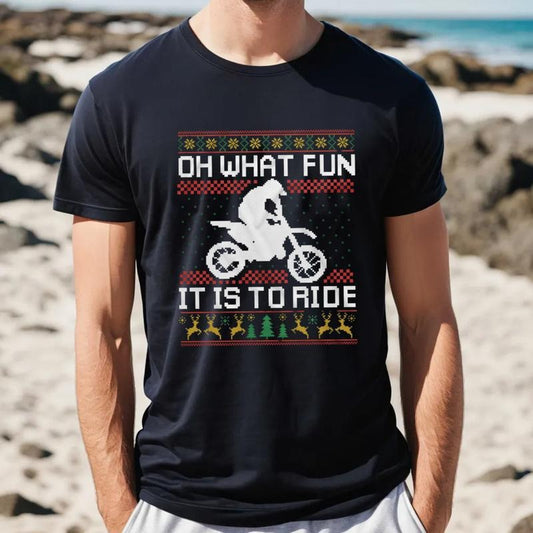 Christmas Holiday Ugly Tshirt, Pattern Biker Shirt, Bike Tee Shirt, Oh What Fun It Is To Ride Motorcycle Tee, Unisex Short Sleeve Tee, Crewneck Top