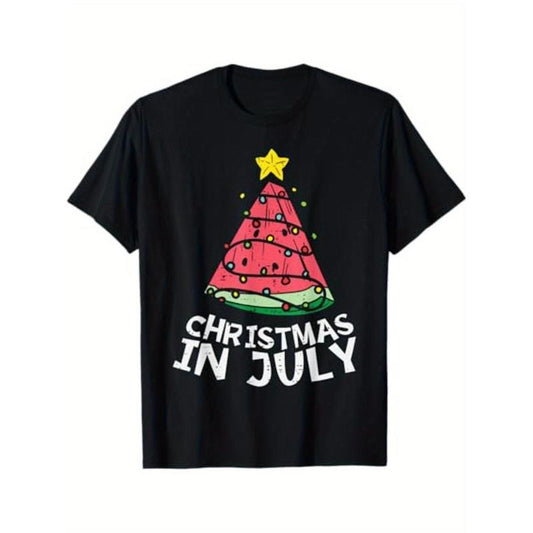 Christmas In July Watermelon Xmas Tree T-Shirt for Men Women, New year Gift, Christmas Gift Halloween Thanksgiving day Gift, Unsex Soft Fabric, Comfortable Black Short Sleeve Tees Made in USA