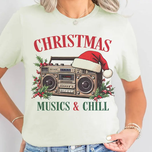 Christmas Music and Chill Tees Retro Christmas Music and Chill Sweatshirt Holiday Vibe Tshirt Vintage Christmas Gift Tshirts Tis the Season Tops