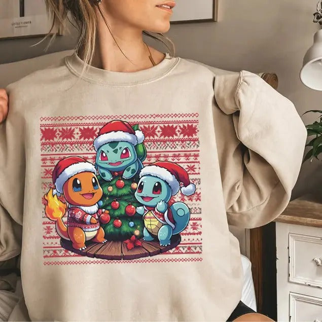 Christmas PKM Sweatshirt, Christmas Shirts for Anime Lovers,  Bulbasaur, Charizard, Turtle