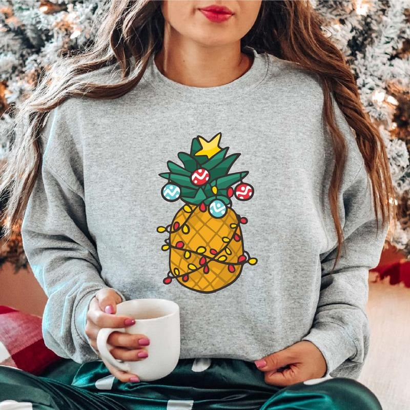 Christmas Pineapple Sweatshirt, Christmas Light Hoodie, Xmas Celebration Sweater, Funny Fruit Sweater, Unisex Pineapple Lover Gift Long Sleeve.