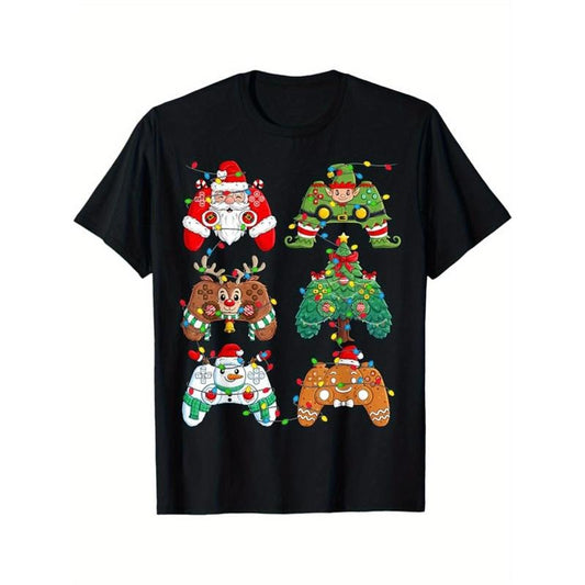 Christmas Print Men's Cotton Top, Casual Short Sleeve Crew Neck T-shirt, Men's Clothing For Outdoor made in usa