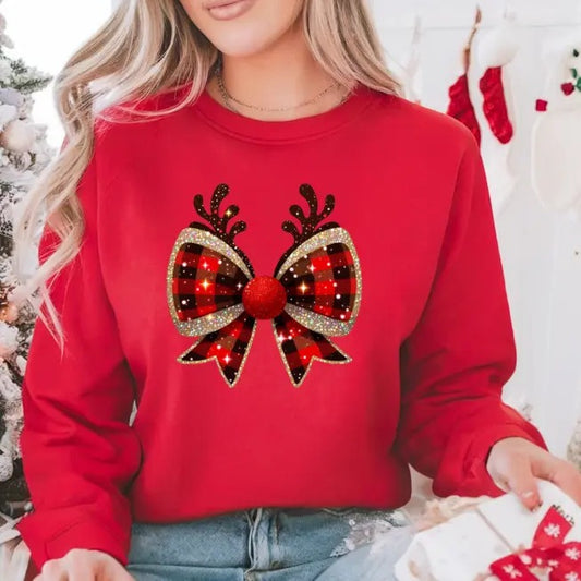 Christmas Reindeer or Mrs Claus Holiday Bow Crewneck Sweatshirt Casual Comfort Winter Pullover