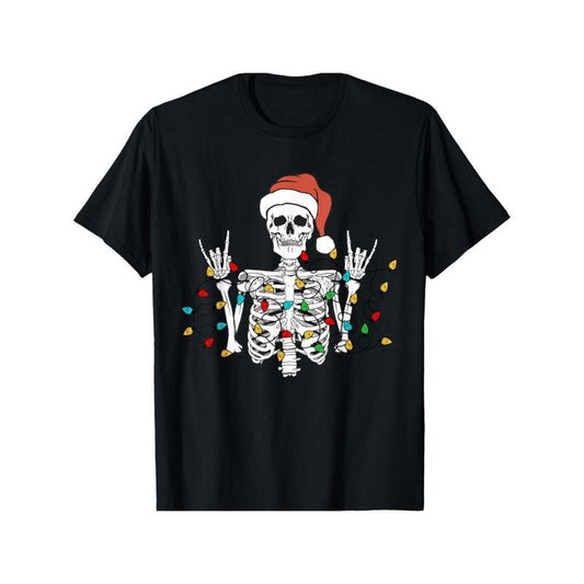 Christmas Skeleton Rocker Wrapped in Xmas Lights Santa Hat T-Shirt made in usa
