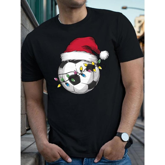 Christmas Soccer Ball With Santa Hat Pattern Printing Men's T-shirt, Comfy Breathable Casual Soft Crew Neck Tops For Summer made in usa