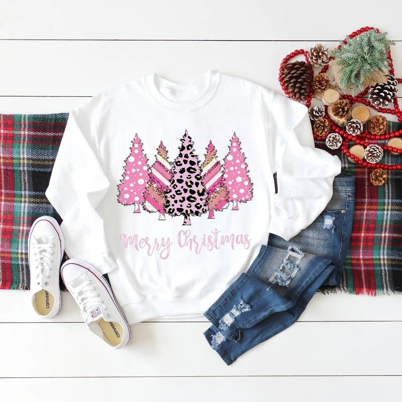 Christmas Sweatshirt, Leopard Print Christmas Shirt, Merry Christmas Pink Christmas Trees Hoodie, Holiday Shirt, Cute Christmas Tee, Leopard Shirt Menswear Basic