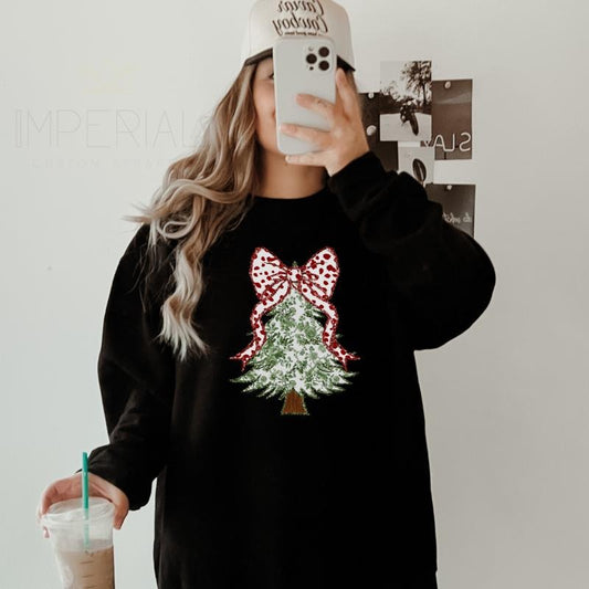 Christmas Tree Bow Sweatshirt, Cute Christmas Sweatshirt, Xmas Sweater, Xmas Gifts, Christmas Outfit, Comfort Colors Printed T-Shirt Full Color Print