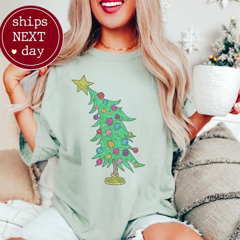 Christmas Tree T-Shirt Whimsical Holiday Tshirt Snow Faux Tee Bright Tree T-Shirt Christmas Lights Tshirt Santa Claus Tee Pink Christmas T-Shirt Matching PJ Tshirt Trending Christmas Tee Shortsleeve Top Womenswear Casual